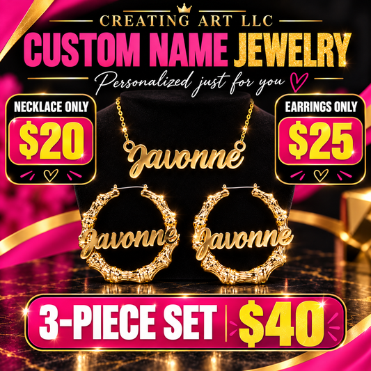 Creating Art LLC custom gold acrylic name jewelry pricing mockup