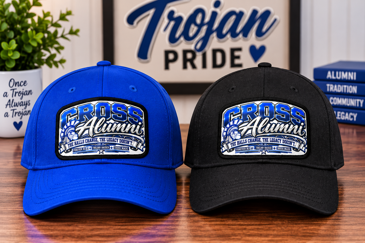 Cross Alumni hats in royal blue and black