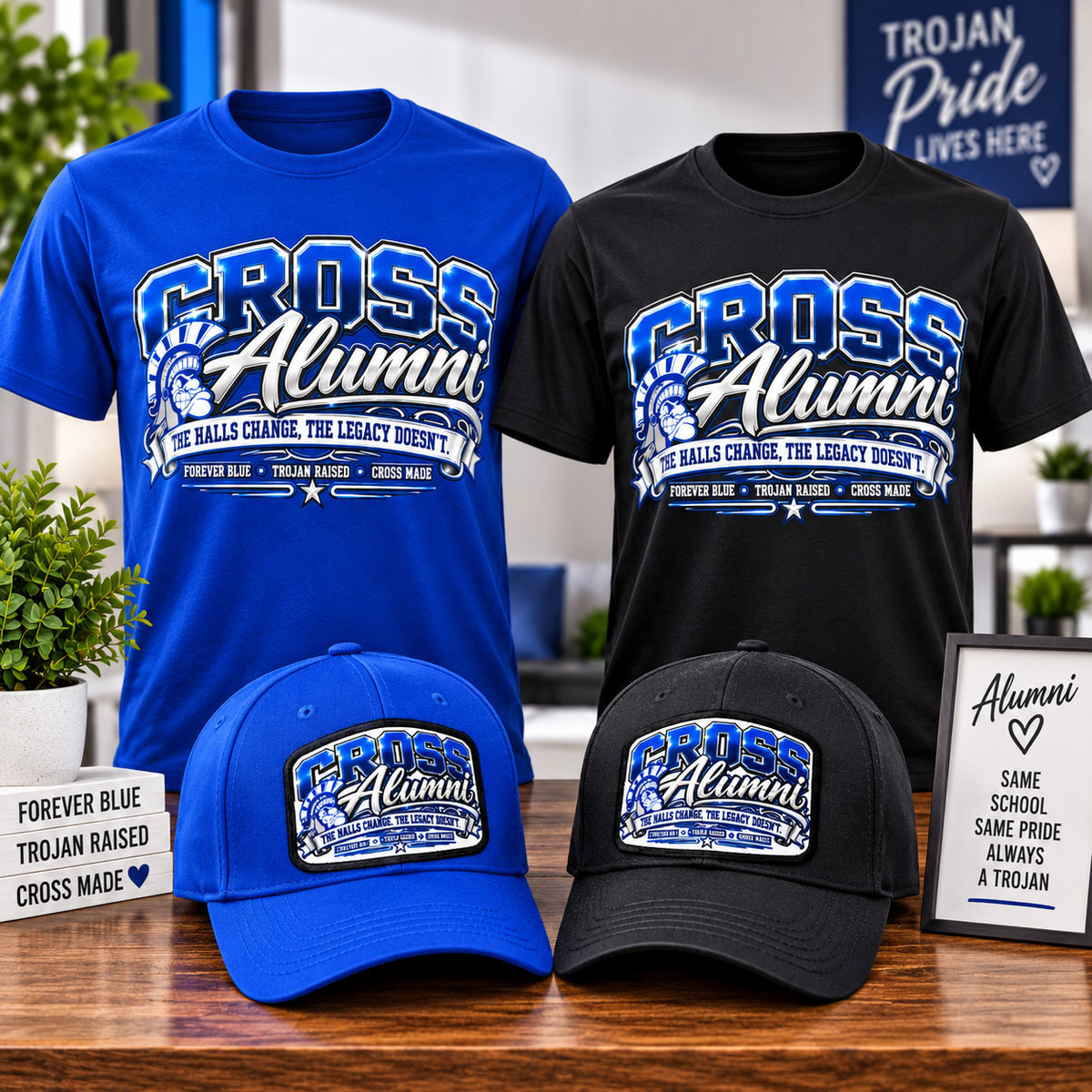 Cross Alumni shirt and hat set in royal blue and black