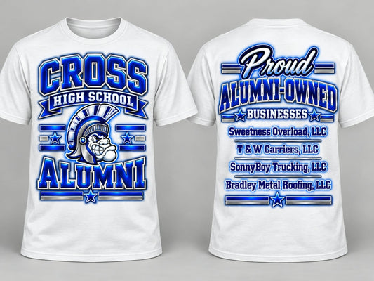 Cross High School Alumni proud alumni-owned businesses front and back shirt mockup