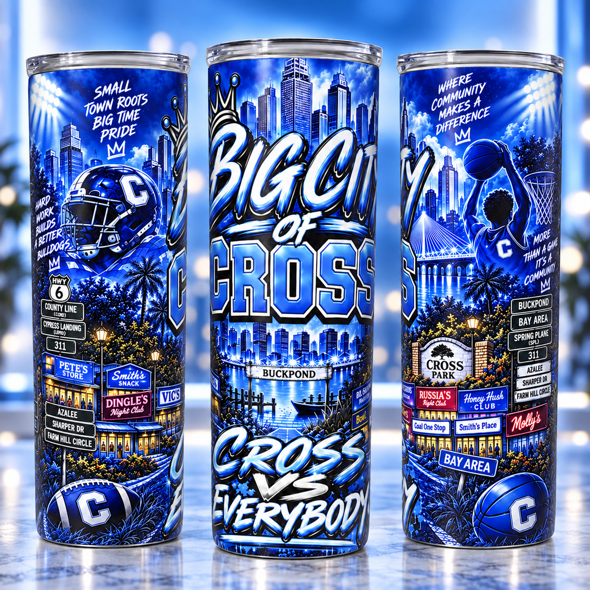 Big City of Cross Cross vs Everybody blue tumbler, shown from three sides