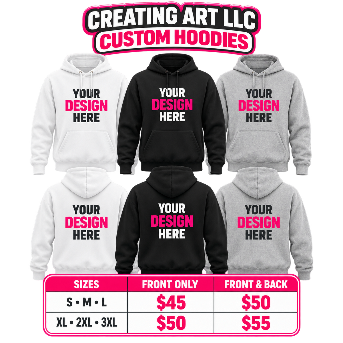 Creating Art LLC custom hoodie mockup and pricing