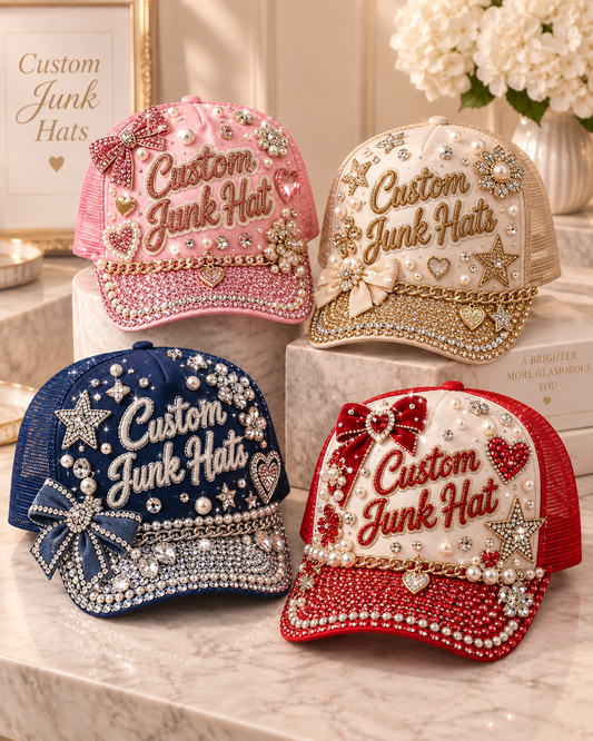 Four custom junk hat design examples with glitter, pearls, charms, and rhinestones