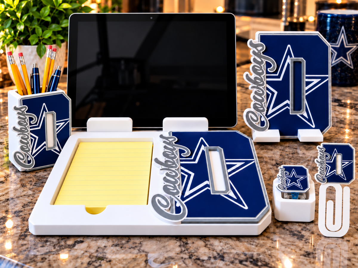 3MF digital file mockup with Dallas Cowboys-inspired 3D printed desk accessories