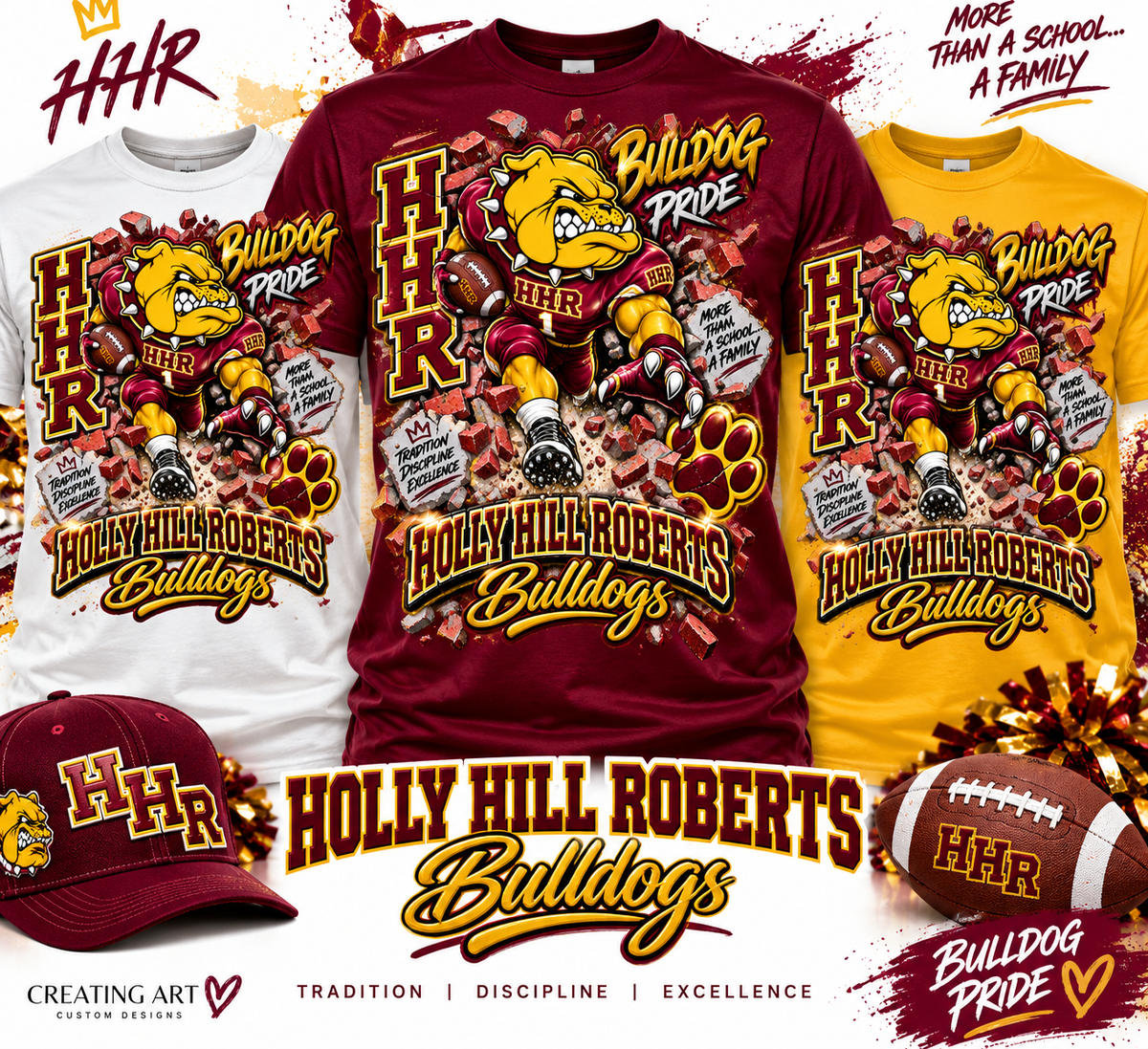 Holly Hill Roberts Bulldogs shirt in white burgundy and gold