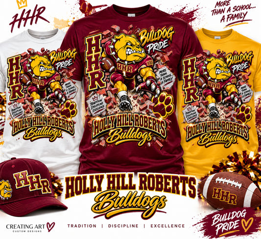 Holly Hill Roberts Bulldogs shirt in white burgundy and gold