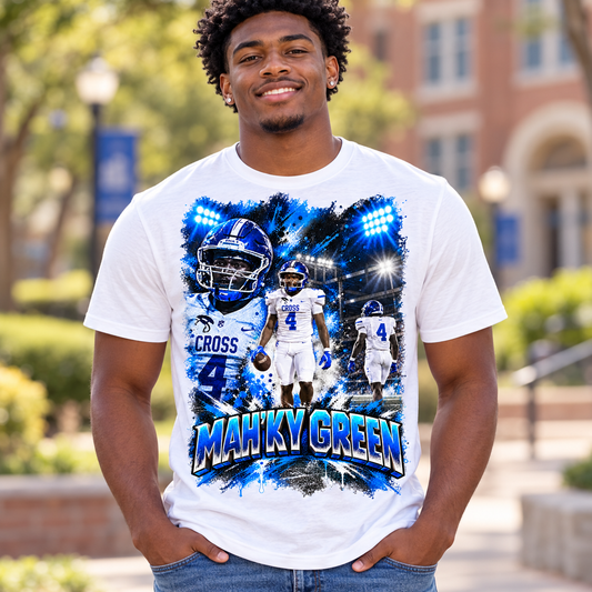 MAH’KY GREEN football center print on white shirt