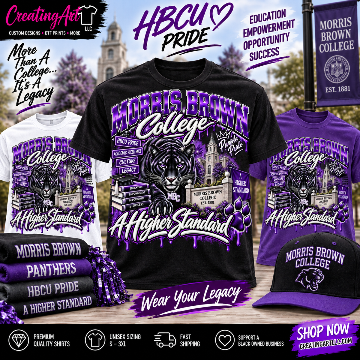 Morris Brown College A Higher Standard shirts in black white and purple