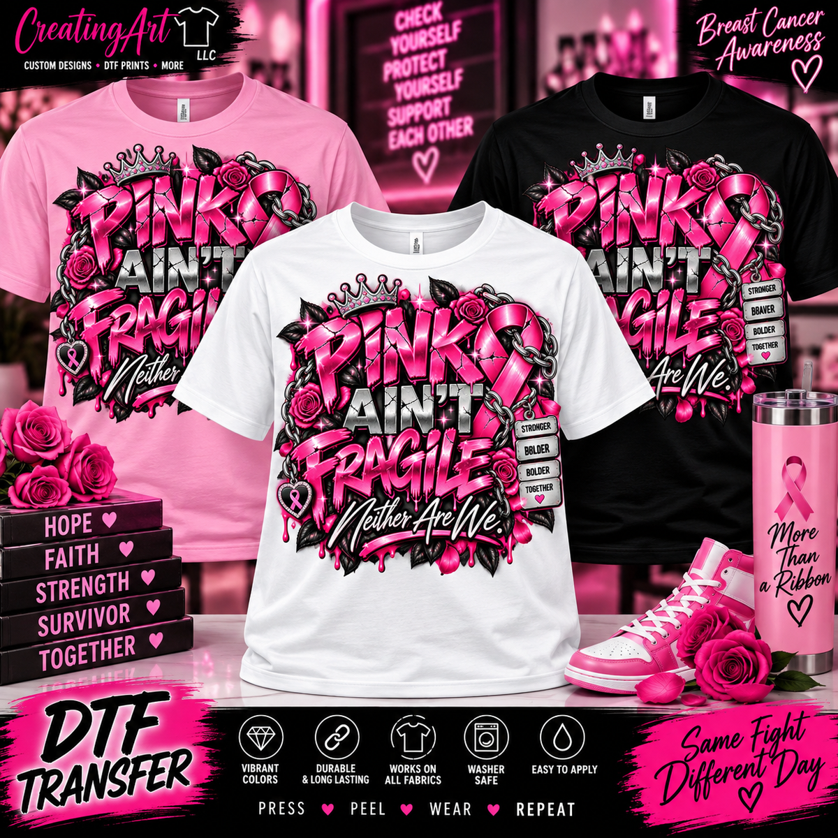Pink Ain't Fragile breast cancer awareness shirt mockup in light pink, white and black