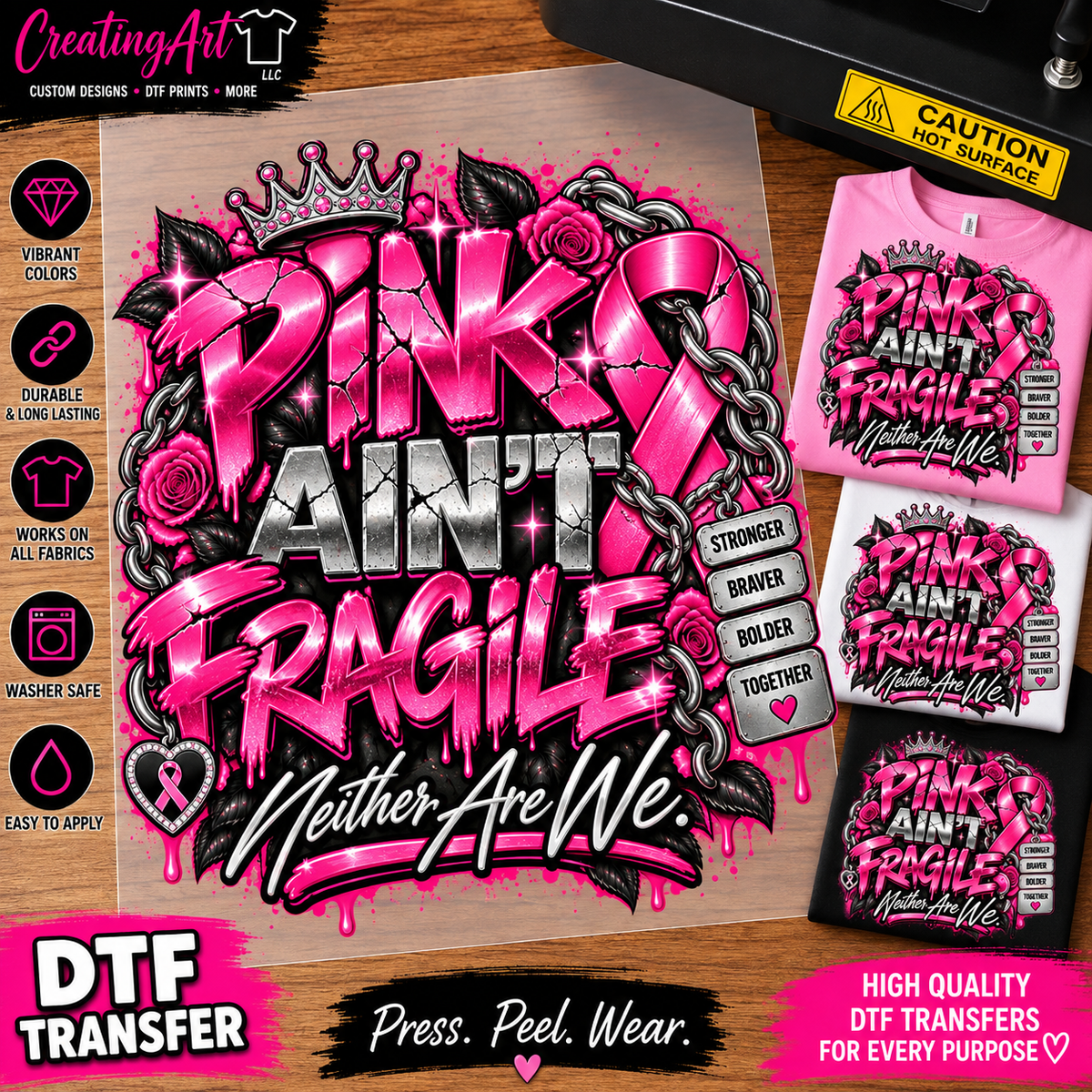 Pink Ain't Fragile breast cancer awareness DTF transfer mockup