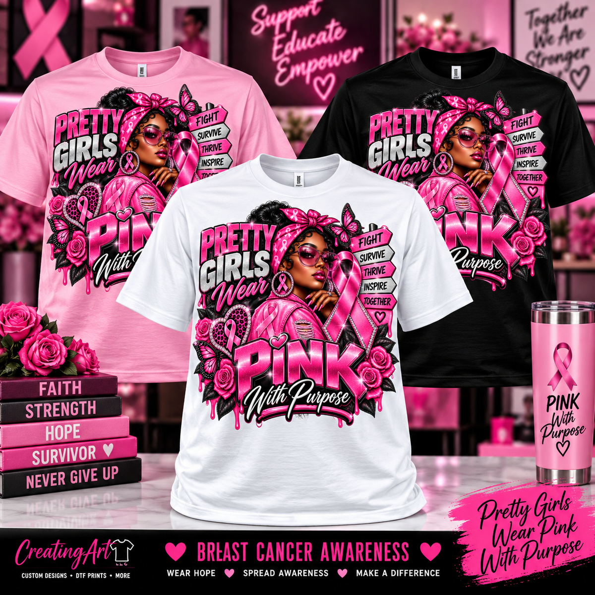 Pretty Girls Wear Pink With Purpose breast cancer awareness shirt mockup in light pink, white and black