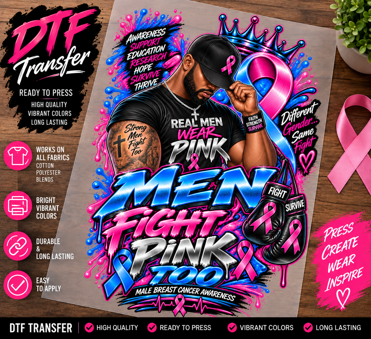 Real Men Wear Pink male breast cancer awareness DTF transfer mockup