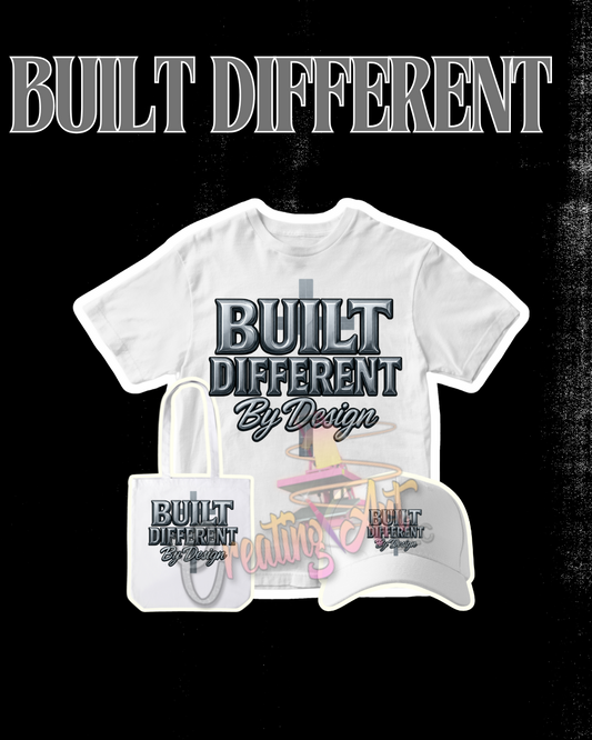 “Built Different By Design” Chrome 3D Lettering PNG | Motivational Quote | Masculine Metallic Text Art for T-Shirts, DTF Prints, Sublimation