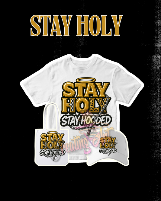 Stay Holy Stay Hooded PNG | Urban Christian Graphic | Gold Halo & Rosary Design