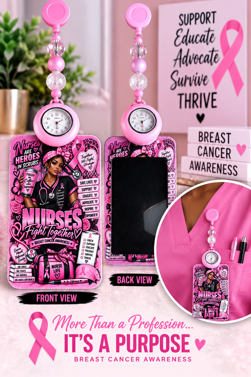 Nurse Breast Cancer Badge Reel with Clock
