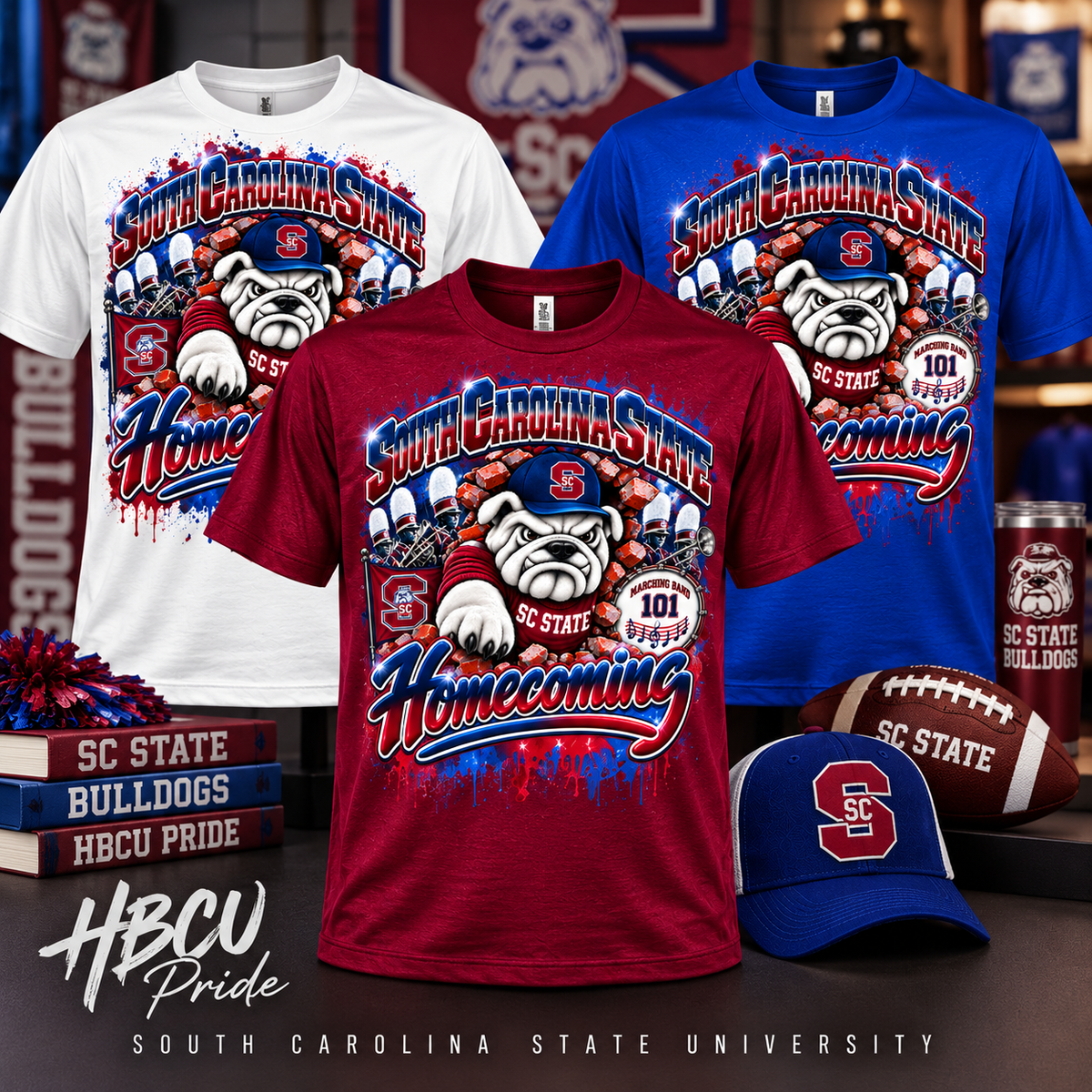 South Carolina State Homecoming shirt in burgundy, blue and white
