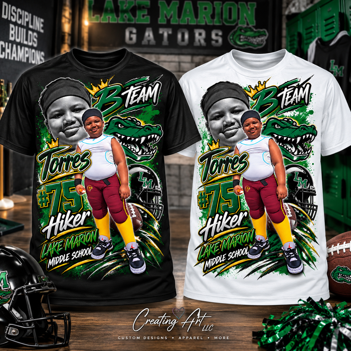 Torres #75 Lake Marion Middle B Team custom football shirt mockup