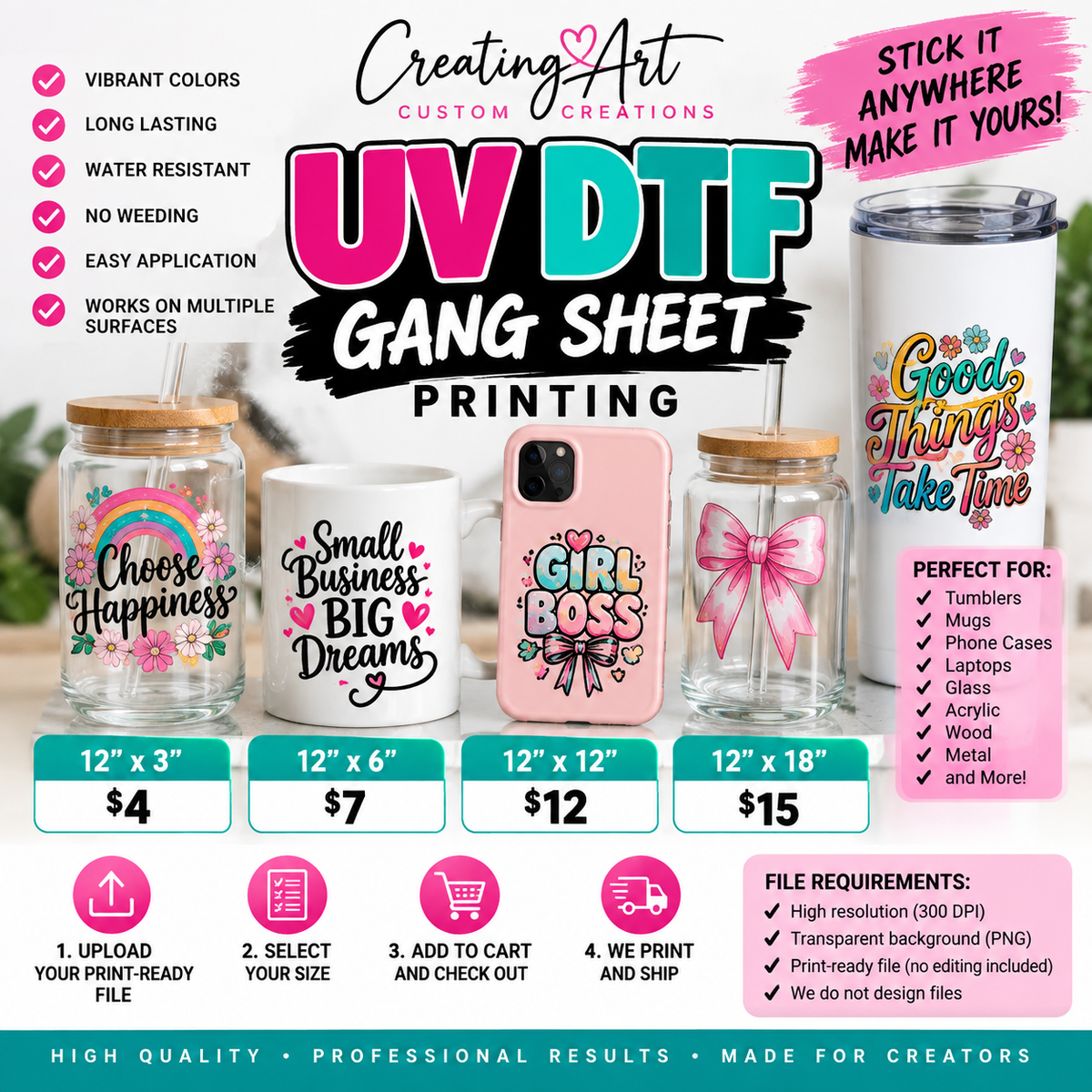 UV DTF Gang Sheet Printing sizes and pricing from Creating Art