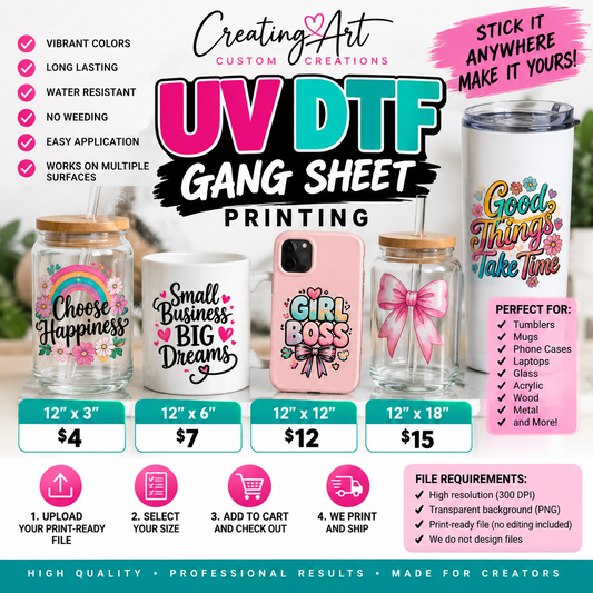 UV DTF Gang Sheet Printing sizes and pricing from Creating Art