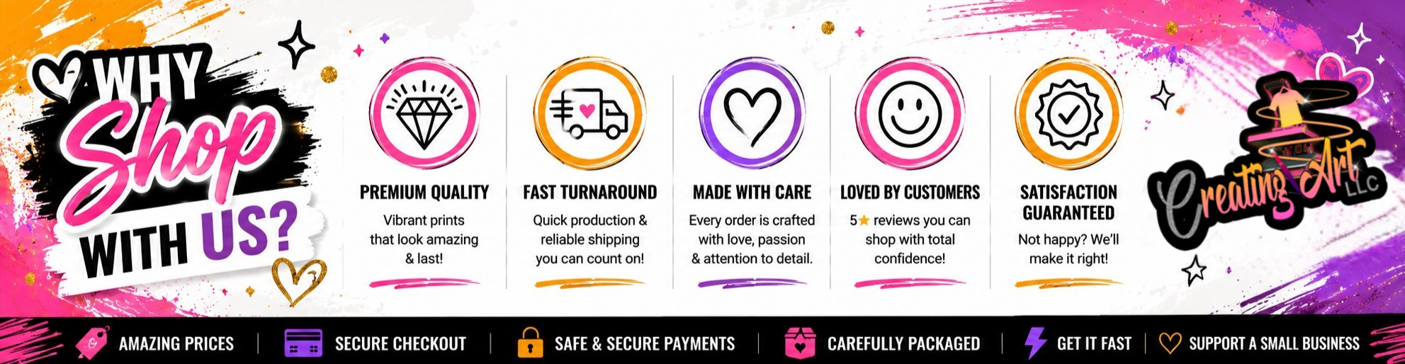 Promotional banner for 'Why Shop with Us?' featuring various icons and text on a colorful background.